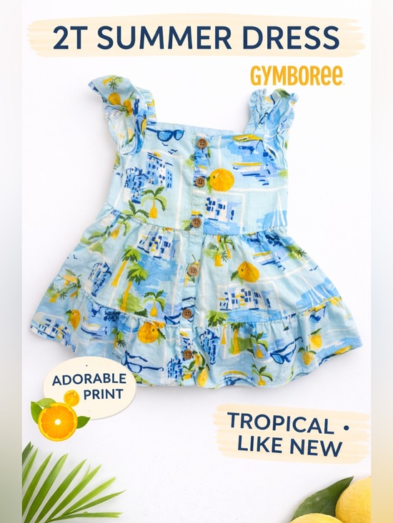 Gymboree Other - Gymboree Toddler Girl Dress 2T Blue Citrus Tropical Summer Ruffle Button Front